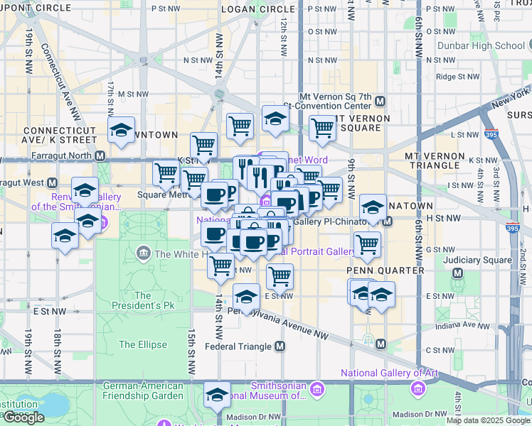 map of restaurants, bars, coffee shops, grocery stores, and more near 801 13th Street Northwest in Washington