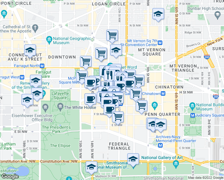 map of restaurants, bars, coffee shops, grocery stores, and more near 801 13th Street Northwest in Washington
