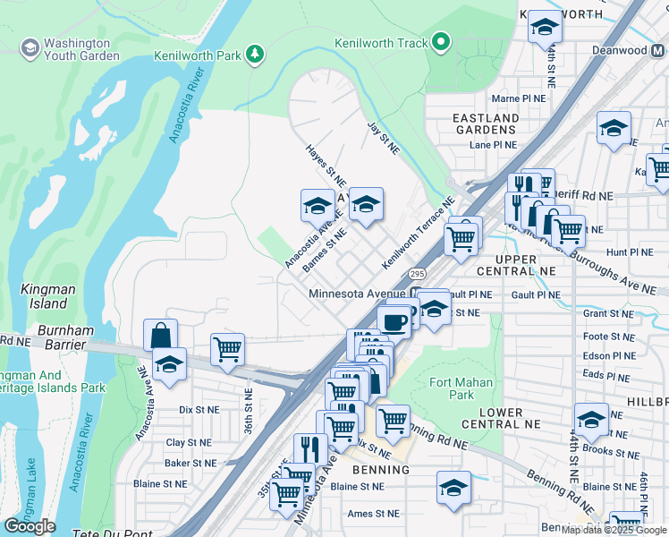 map of restaurants, bars, coffee shops, grocery stores, and more near 3733 Grant Place Northeast in Washington