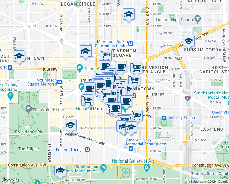 map of restaurants, bars, coffee shops, grocery stores, and more near 925 H Street Northwest in Washington