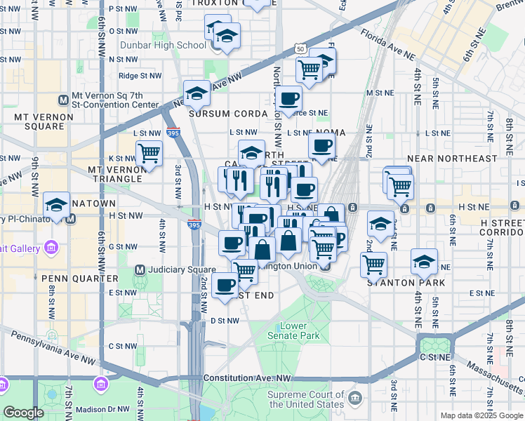 map of restaurants, bars, coffee shops, grocery stores, and more near 16 H Street Northwest in Washington