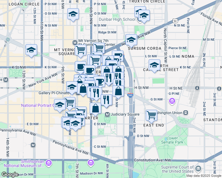 map of restaurants, bars, coffee shops, grocery stores, and more near 101 Independence Avenue Southeast in Washington