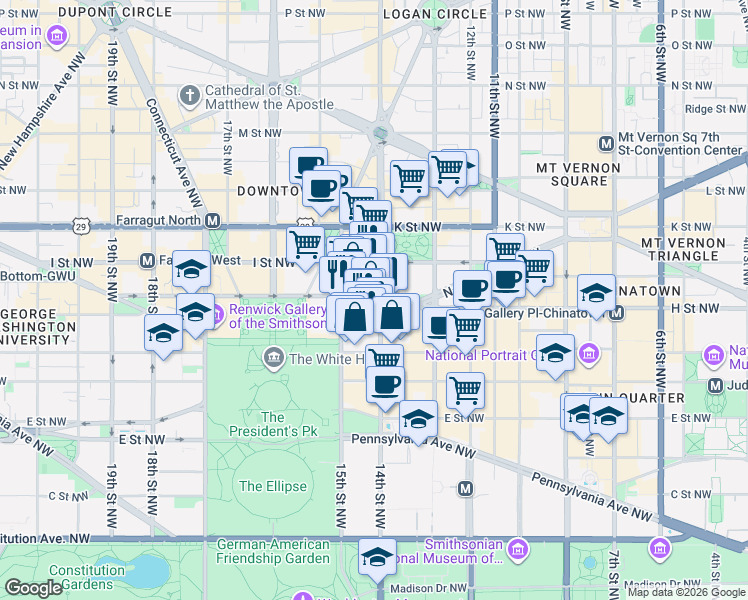 map of restaurants, bars, coffee shops, grocery stores, and more near 733 15th Street Northwest in Washington