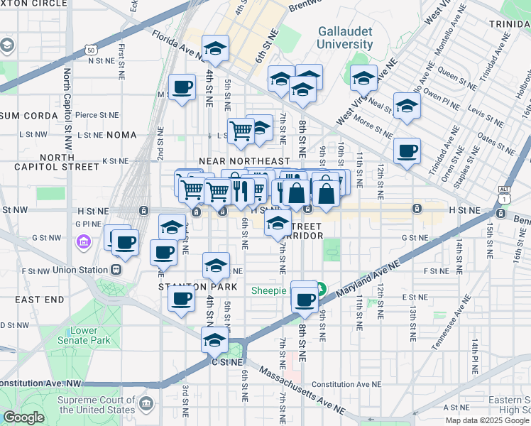 map of restaurants, bars, coffee shops, grocery stores, and more near 101 Independence Avenue Southeast in Washington