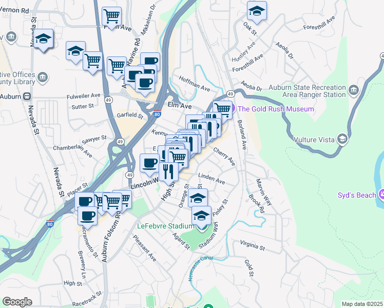 map of restaurants, bars, coffee shops, grocery stores, and more near 874 Lincoln Way in Auburn