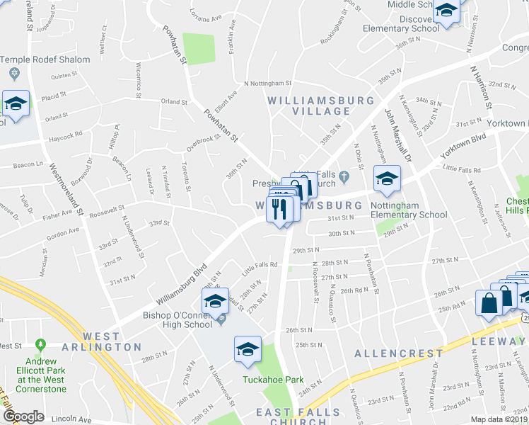 map of restaurants, bars, coffee shops, grocery stores, and more near 6525 Williamsburg Boulevard in Arlington