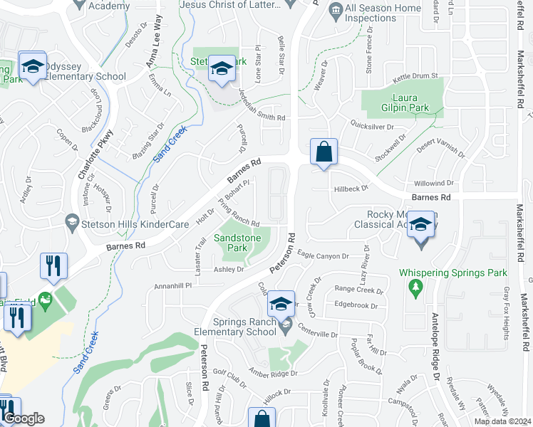 map of restaurants, bars, coffee shops, grocery stores, and more near 4615 Dapple Grey Lane in Colorado Springs
