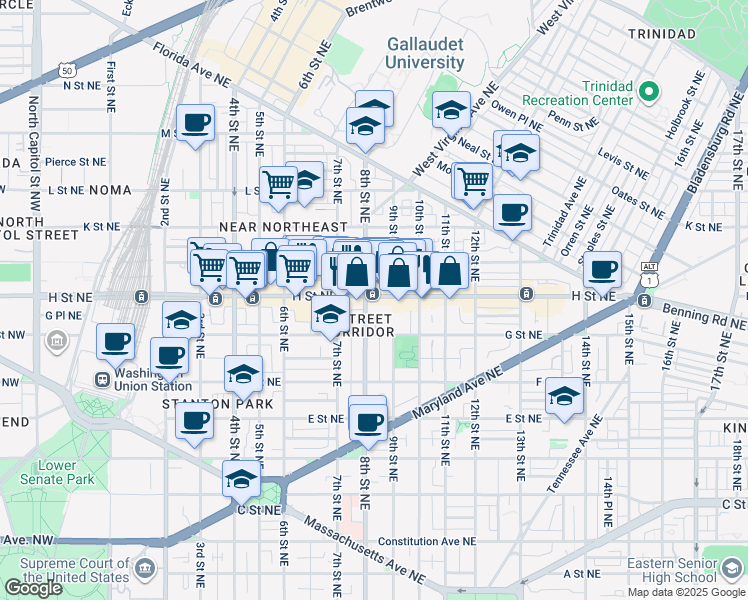 map of restaurants, bars, coffee shops, grocery stores, and more near 101 Independence Avenue Southeast in Washington