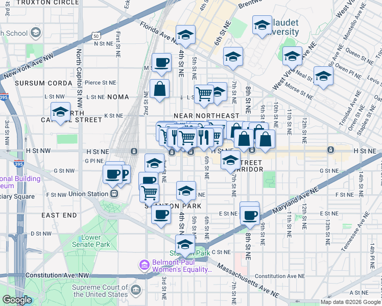 map of restaurants, bars, coffee shops, grocery stores, and more near 101 Independence Avenue Southeast in Washington