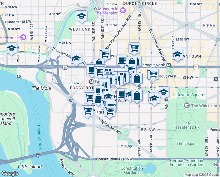 map of restaurants, bars, coffee shops, grocery stores, and more near 101 Independence Avenue Southeast in Washington