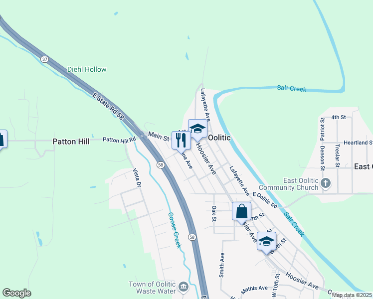 map of restaurants, bars, coffee shops, grocery stores, and more near 222 Indiana Avenue in Oolitic