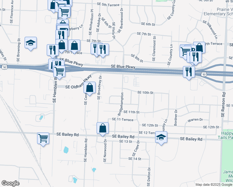 map of restaurants, bars, coffee shops, grocery stores, and more near 727 London Way in Lee's Summit
