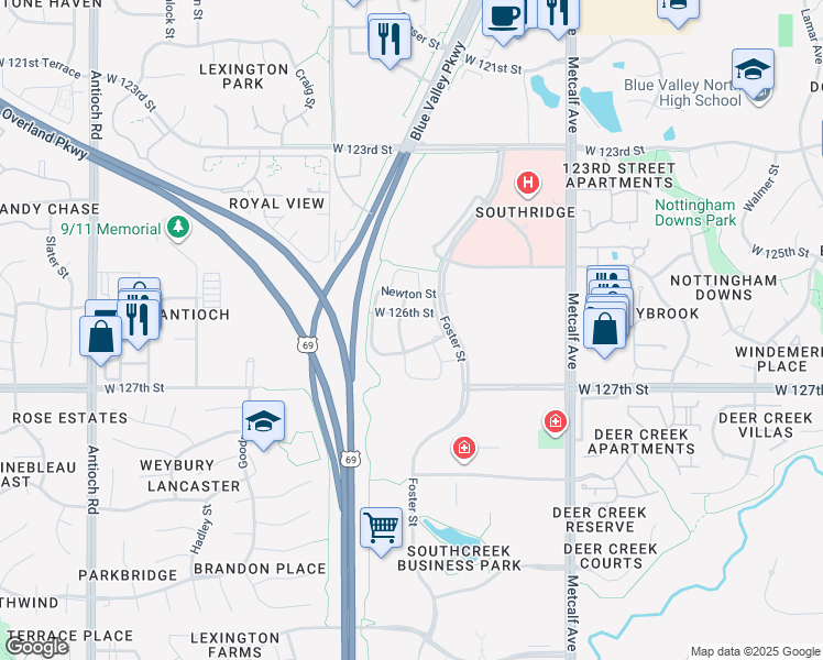 map of restaurants, bars, coffee shops, grocery stores, and more near 12613 Robinson Street in Overland Park