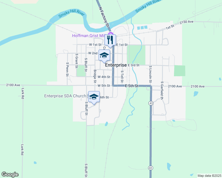 map of restaurants, bars, coffee shops, grocery stores, and more near 501-533 S Factory St in Enterprise
