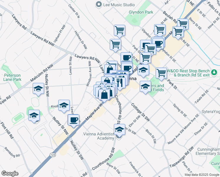 map of restaurants, bars, coffee shops, grocery stores, and more near 112 Lawyers Road Northwest in Vienna