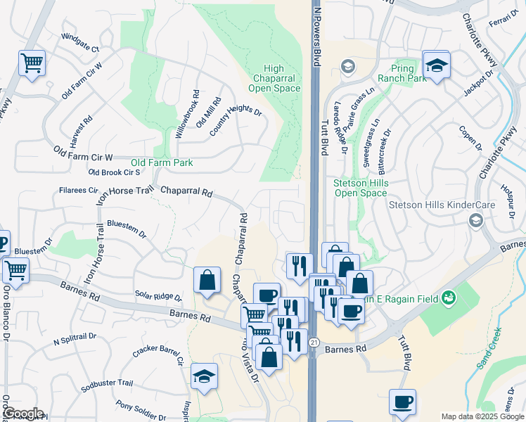map of restaurants, bars, coffee shops, grocery stores, and more near 4697 High Springs Court in Colorado Springs