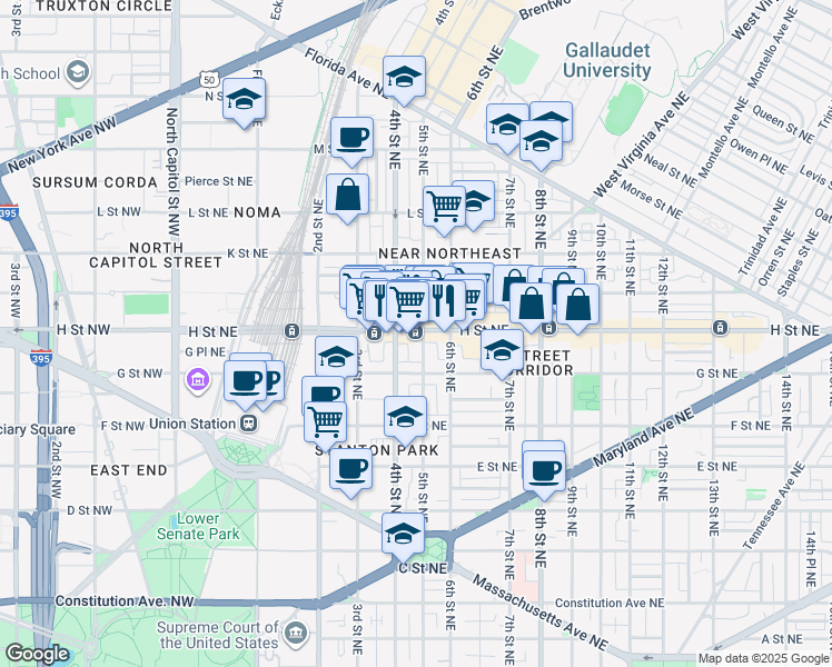 map of restaurants, bars, coffee shops, grocery stores, and more near 421 H Street Northeast in Washington