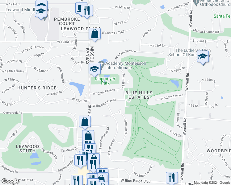 map of restaurants, bars, coffee shops, grocery stores, and more near 901 West 125th Terrace in Kansas City