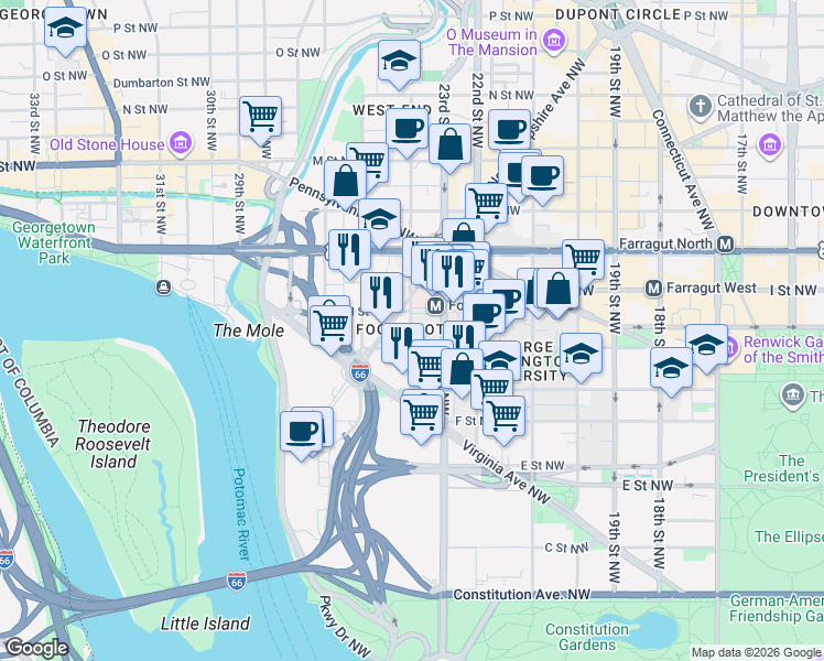map of restaurants, bars, coffee shops, grocery stores, and more near in Washington