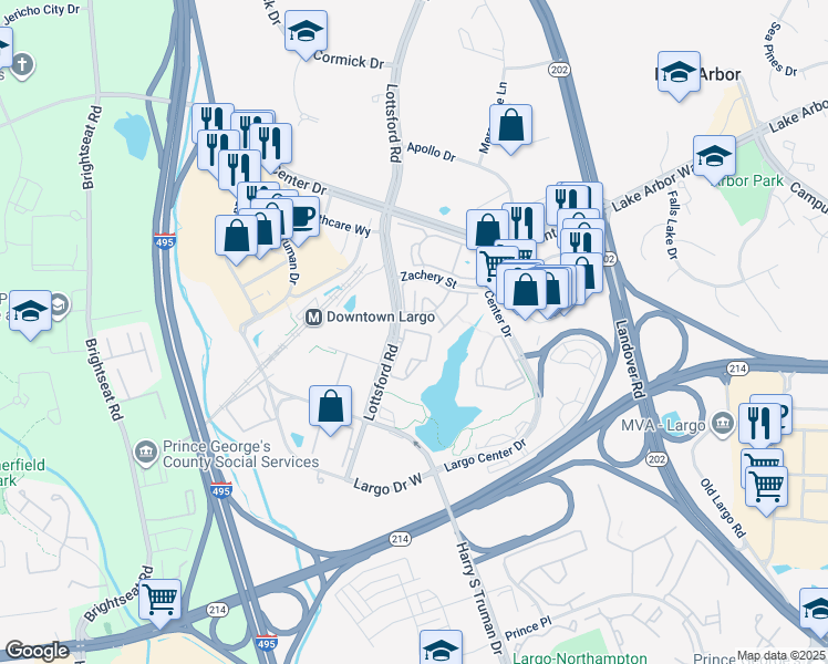 map of restaurants, bars, coffee shops, grocery stores, and more near 8961 Town Center Circle in Upper Marlboro