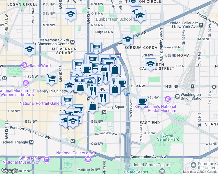 map of restaurants, bars, coffee shops, grocery stores, and more near 400 Massachusetts Avenue Northwest in Washington