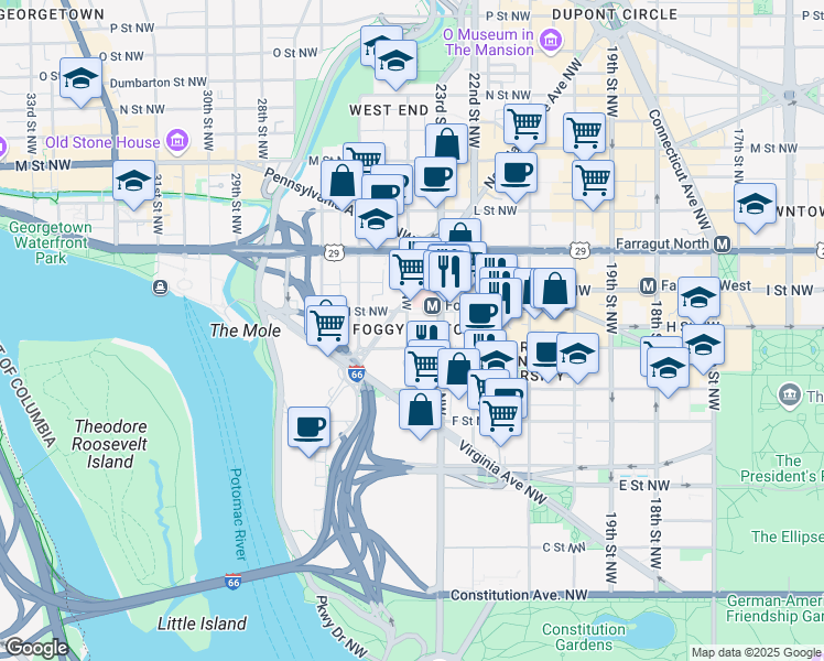 map of restaurants, bars, coffee shops, grocery stores, and more near 2300 I Street Northwest in Washington
