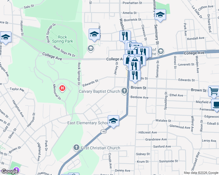 map of restaurants, bars, coffee shops, grocery stores, and more near 2327 Brown Street in Alton