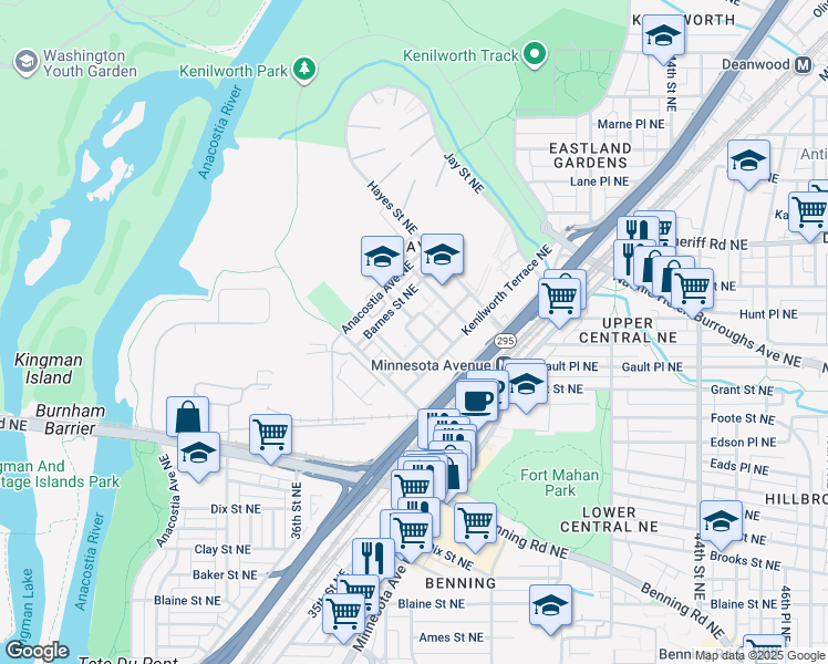 map of restaurants, bars, coffee shops, grocery stores, and more near 3722 Grant Place Northeast in Washington
