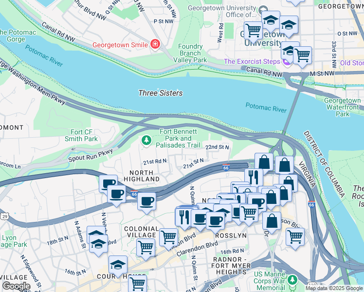 map of restaurants, bars, coffee shops, grocery stores, and more near 1773 22nd Street North in Arlington