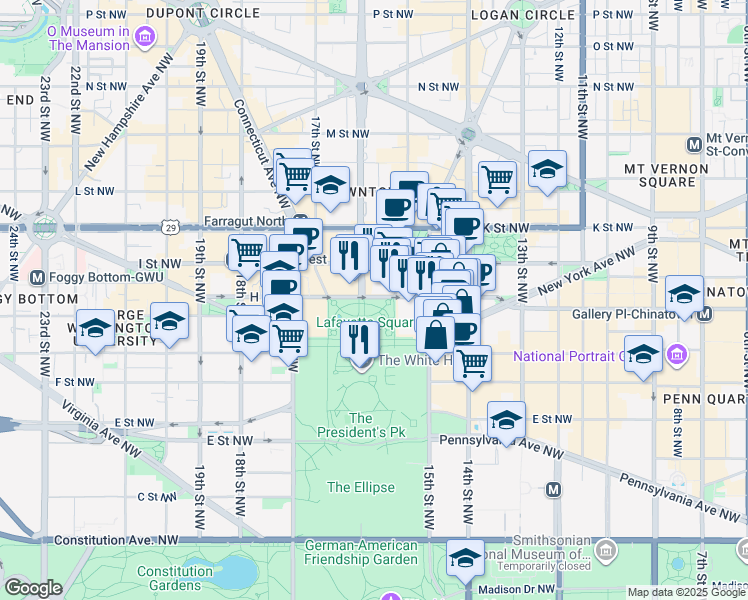 map of restaurants, bars, coffee shops, grocery stores, and more near 1520 H Street Northwest in Washington