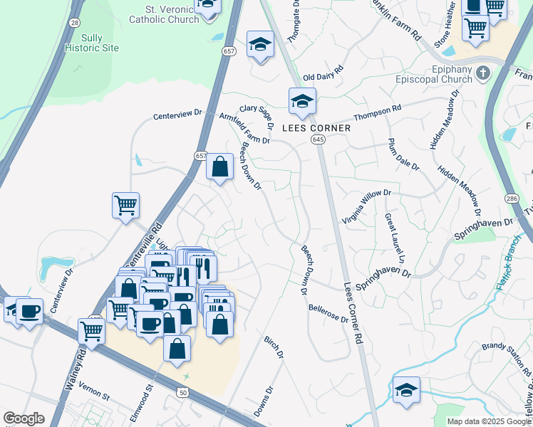 map of restaurants, bars, coffee shops, grocery stores, and more near 3636 Beech Down Dr in Chantilly