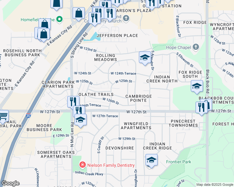 map of restaurants, bars, coffee shops, grocery stores, and more near 16119 West 125th Place in Olathe