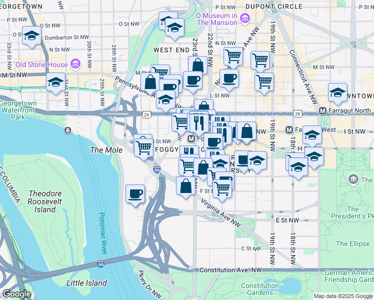 map of restaurants, bars, coffee shops, grocery stores, and more near 2300 I Street Northwest in Washington