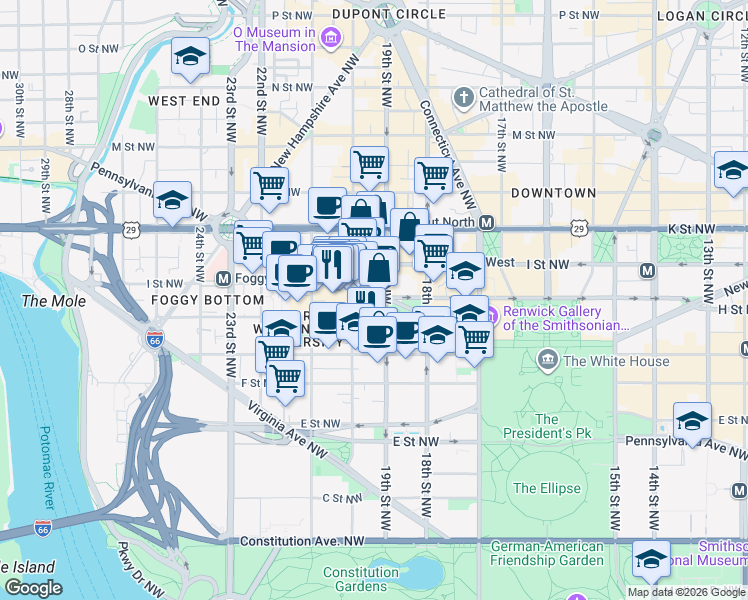 map of restaurants, bars, coffee shops, grocery stores, and more near 1900 Pennsylvania Avenue Northwest in Washington