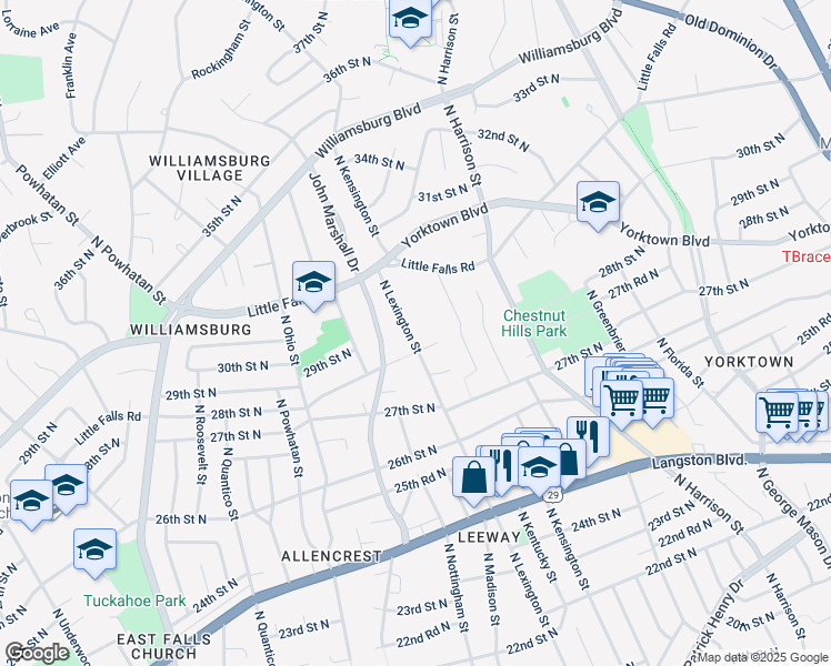 map of restaurants, bars, coffee shops, grocery stores, and more near 2809 North Lexington Street in Arlington
