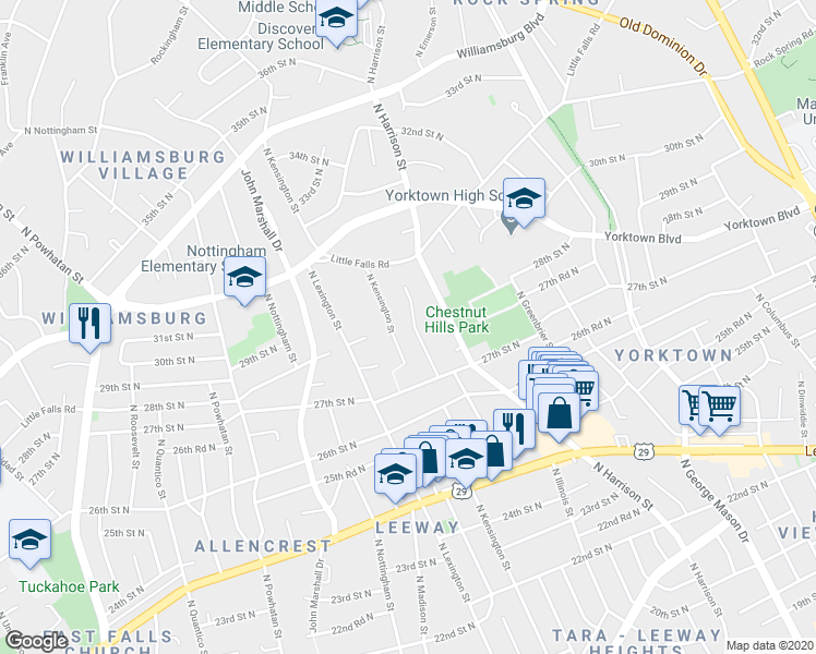 map of restaurants, bars, coffee shops, grocery stores, and more near 2800 North Jefferson Street in Arlington
