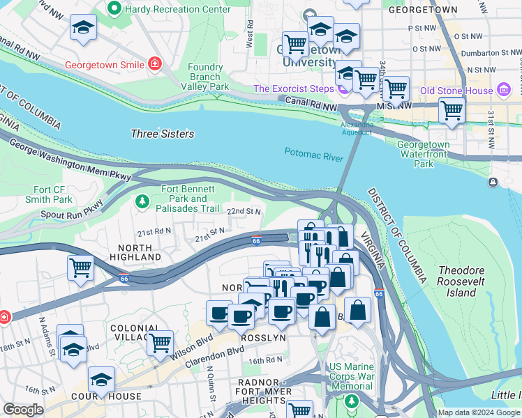 map of restaurants, bars, coffee shops, grocery stores, and more near 1401 North Oak Court in Arlington