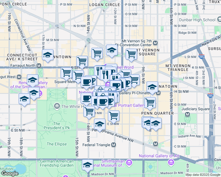map of restaurants, bars, coffee shops, grocery stores, and more near 1212 New York Avenue Northwest in Washington