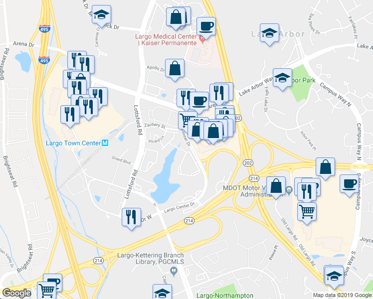 map of restaurants, bars, coffee shops, grocery stores, and more near 9700 Lake Pointe Court in Upper Marlboro