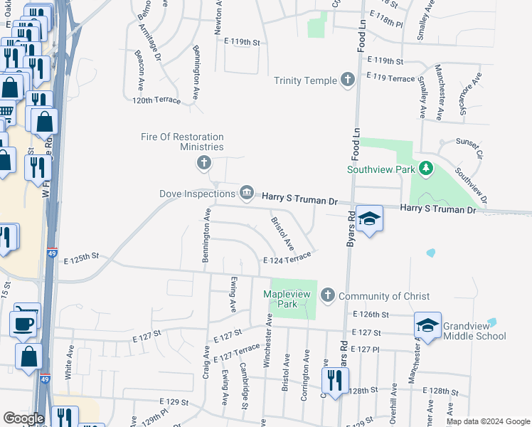 map of restaurants, bars, coffee shops, grocery stores, and more near 6905 East 123rd Street in Grandview