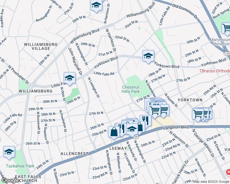 map of restaurants, bars, coffee shops, grocery stores, and more near 2800 North Jefferson Street in Arlington
