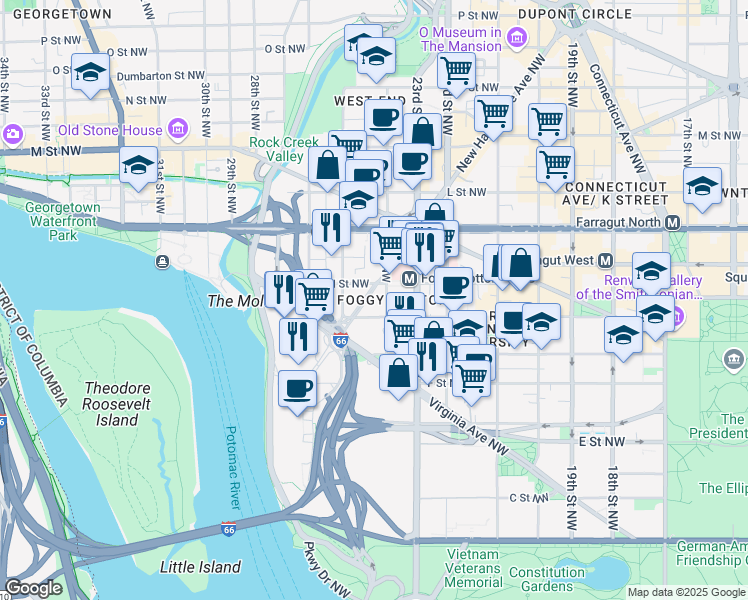 map of restaurants, bars, coffee shops, grocery stores, and more near 825 New Hampshire Avenue Northwest in Washington