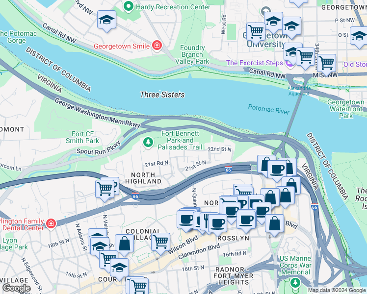 map of restaurants, bars, coffee shops, grocery stores, and more near 1773 22nd Street North in Arlington