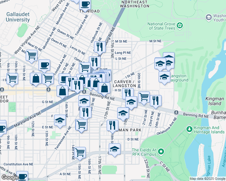 map of restaurants, bars, coffee shops, grocery stores, and more near 1701 H Street Northeast in Washington