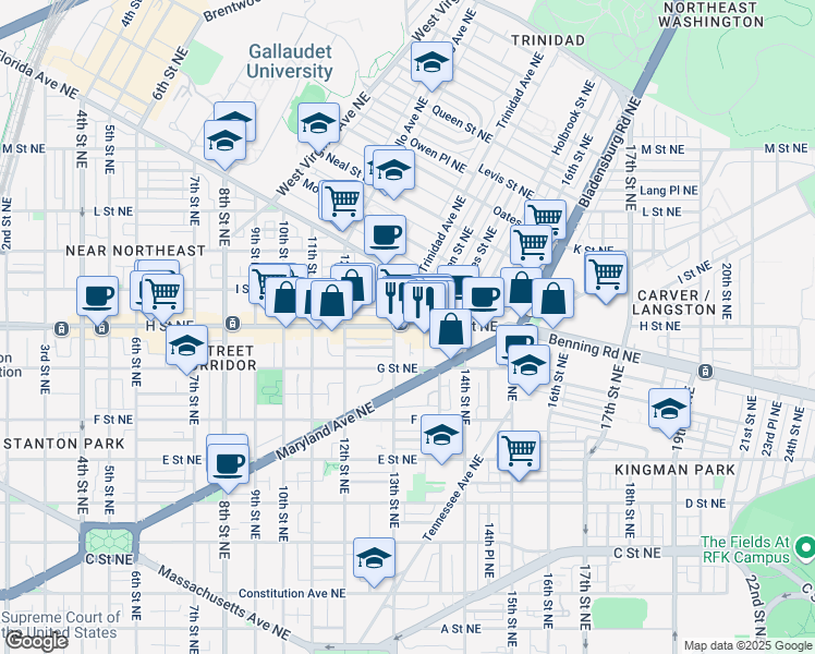 map of restaurants, bars, coffee shops, grocery stores, and more near 1313 H Street Northeast in Washington