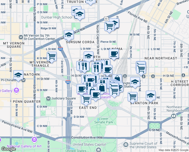 map of restaurants, bars, coffee shops, grocery stores, and more near 16 H Street Northwest in Washington