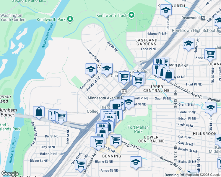 map of restaurants, bars, coffee shops, grocery stores, and more near 700 Kenilworth Terrace Northeast in Washington