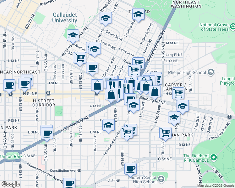 map of restaurants, bars, coffee shops, grocery stores, and more near 101 Independence Avenue Southeast in Washington