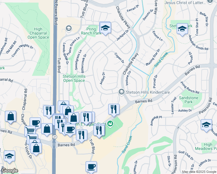 map of restaurants, bars, coffee shops, grocery stores, and more near 4846 Ardley Drive in Colorado Springs