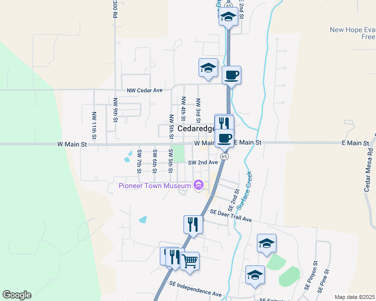 map of restaurants, bars, coffee shops, grocery stores, and more near 290 Southwest 2nd Avenue in Cedaredge